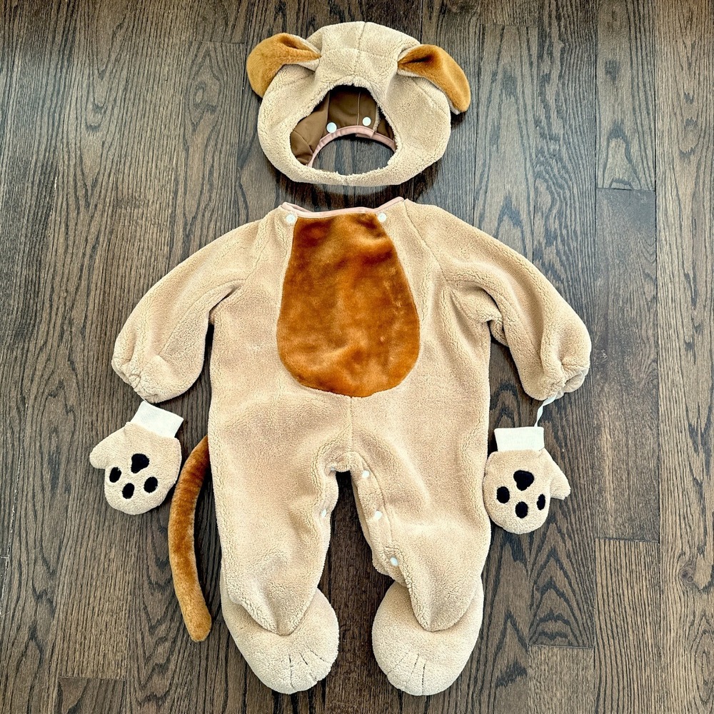 Fun World Baby Dog Costume 12-24M Tan Puppy Fleece Jumpsuit Hood Mittens Tail